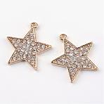 Alloy Rhinestone Pendants, Star, Light Gold, 26x24x2.5mm, Hole: 2mm(ALRI-Q065-31LG)