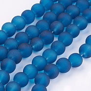 Transparent Glass Bead Strands, Frosted, Round, Marine Blue, 8mm, Hole: 1~1.6mm, about 99pcs/strand, 31.4 inch(GLAA-S031-8mm-31)