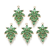 Glass Pendants, with Brass Findings, Faceted, Leaf, Light Gold, Green, 24.5x15x4mm, Hole: 1mm(GLAA-T021-23A)