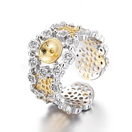 925 Sterling Silver Cuff Rings, Open Rings Components, For Half Drilled Beads, with Micro Pave Cubic Zirconia, Wide Band Rings, Carved 925, Platinum & Golden, Size 6, 16mm, Tray: 5mm, Pin: 0.8mm(STER-F048-05PG)