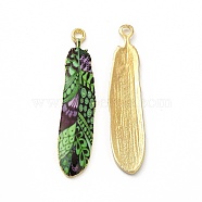 Rack Plating Alloy Pendants, Printed, Lead Free & Cadmium Free & Nickel Free, Feather Charm, Light Gold, Sea Green, 36.5x8x1.5mm, Hole: 1.8mm(FIND-H043-02LG-04)