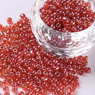 Glass Seed Beads, Trans. Colours Lustered, Round, Red, 3mm, Hole: 1mm, about 10000pcs/pound(SEED-A006-3mm-105)