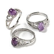 Oval Natural Amethyst Adjustable Rings, Brass Clear Cubic Zirconia Ring for Women, Long-Lasting Plated, Lead Free & Cadmium Free, Platinum, Inner Diameter: 18mm(RJEW-Q818-01P-03B)