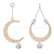 Wooden Swing, with Iron Cable Chain, Ring & Random Color Bell, Moon, BurlyWood, 285mm, 2pcs/set(AJEW-GA0001-75A)