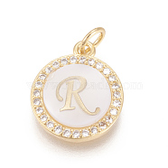 Brass Micro Pave Cubic Zirconia Pendants, with Shell, Long-Lasting Plated, Lead Free & Cadmium Free & Nickel Free, Real 18K Gold Plated, Flat Round with Letter, Clear, Letter.R, 16x13.5x3mm, Hole: 3mm(ZIRC-L078-043R-NR)