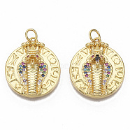 Brass Micro Pave Cubic Zirconia Pendants, with Jump Rings, Nickel Free, Flat Round with Snake Crown, Real 16K Gold Plated, Colorful, 21.5x19x7mm, Jump Rings: 5x0.8mm, 3mm inner diameter.(ZIRC-T014-021A-NF)