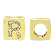 Brass Micro Pave Clear Cubic Zirconia European Beads, Cube with Letter, Letter.R, 8.5x8.5x8.5mm, Hole: 5mm, 3pcs/bag(KK-T030-LA842-RX3)