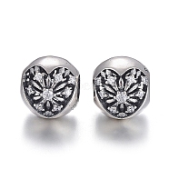 925 Sterling Silver European Beads, Large Hole Beads, with Cubic Zirconia, Carved with 925, Round with Heart, Thai Sterling Silver Plated, 10x9x9.5mm, Hole: 4.5mm(OPDL-L017-067TAS)