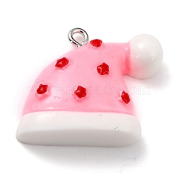 Resin Pendants, for Christmas Festival, with Platinum Iron Peg Bail, Christmas Hat with Star, Pink, 25x27x6mm, Hole: 2mm(RESI-O010-35)