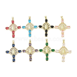 Real 18K Gold Plated Brass Micro Pave Cubic Zirconia Pendants, with Glass, Cross with Round, Mixed Color, 39.5x30x5mm, Hole: 3.6x4.3mm(KK-A209-33G)