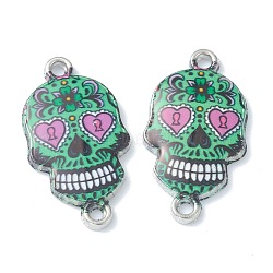 Alloy Enamel Links Connectors, Sugar Skull, for Mexico Holiday Day of the Dead, Platinum, Green, 25.5x13.5x2.5mm, Hole: 1.6mm(ENAM-F140-02E-P)