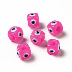 Resin Evil Eye European Beads, Large Hole Bead, Cube, Hot Pink, 12.5x14~14.5x14~14.5mm, Hole: 6mm(RESI-A021-05)