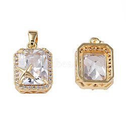 Brass Inlaid Cubic Zirconia Charms, with Brass Snap on Bails, Real 18K Gold Plated, Nickel Free, Rectangle with Star, Clear, 15x10.5x8mm, Hole: 2.5x4mm(KK-N233-248B)