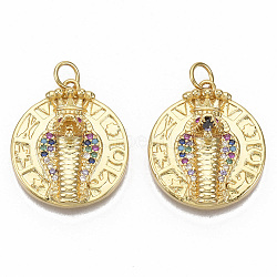 Brass Micro Pave Cubic Zirconia Pendants, with Jump Rings, Nickel Free, Flat Round with Snake Crown, Real 16K Gold Plated, Colorful, 21.5x19x7mm, Jump Rings: 5x0.8mm, 3mm inner diameter.(ZIRC-T014-021A-NF)