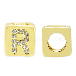 Brass Micro Pave Clear Cubic Zirconia European Beads, Cube with Letter, Letter.R, 8.5x8.5x8.5mm, Hole: 5mm, 3pcs/bag(KK-T030-LA842-RX3)