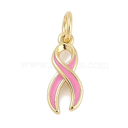 Brass Enamel Charms, with Jump Ring, Awareness Ribbon Charms, Long-Lasting Plated, Lead Free & Cadmium Free, Rack Plating, Real 18K Gold Plated, Pearl Pink, 13.5x5.5x2mm(KK-Q028-30G-02)