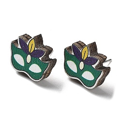 Printing Wood Stud Earrings for Women, with 316 Stainless Steel Pins, Masquerade Mask, Colorful, 15x17mm(EJEW-B028-03)