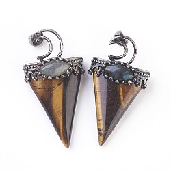 Natural Tiger Eye Big Pendants, with Brass Findings, Triangle, Antique Silver, 53~58x28~29x16~18mm, Hole: 5x7mm(G-F639-06A)