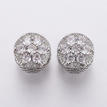 Brass Micro Pave Cubic Zirconia European Beads, Large Hole Beads, Flat Round with Flower, Clear, Platinum, 11.5x11.5mm, Hole: 4.5mm