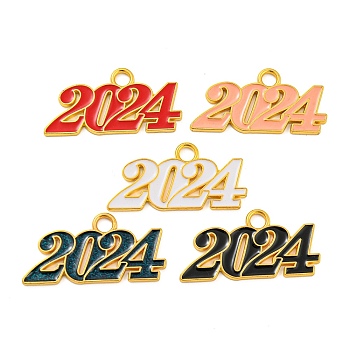 Alloy Enamel Pendants, Lead Free and Cadmium Free, Number 2024 Charm, Golden, Mixed Color, 18.5x36.5x1.5mm, Hole: 4mm