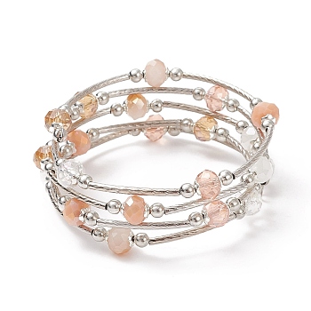 Glass Beads Five Loops Wrap Bracelets, Brass Bead Bracelet for Women, Light Salmon, Inner Diameter: 2 inch(5cm)
