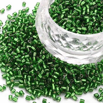 Glass Bugle Beads, Silver Lined, Green, 1.8~2.2x1.8~2mm, Hole: 0.8~0.9mm, about 15000pcs/pound