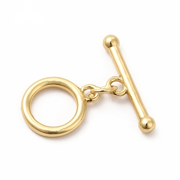 Rack Plating Eco-Friendly Brass Toggle Clasps, Long-Lasting Plated, Lead Free & Cadmium Free, Ring, Real 18K Gold Plated, Ring: 14x11x2mm, Hole: 2mm, Bar: 19x6x3mm, Hole: 2mm