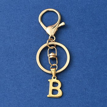 304 Stainless Steel Initial Letter Charm Keychains, with Alloy Clasp, Golden, Letter B, 8.5cm