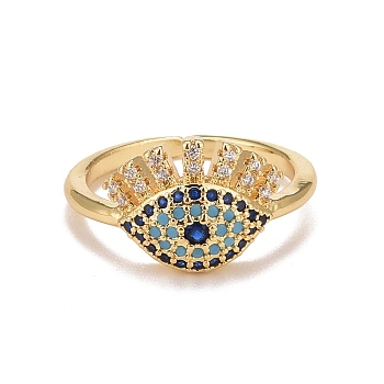 Colorful Cubic Zirconia Evil Eye Open Cuff Ring, Rack Plating Brass Jewelry for Women, Cadmium Free & Lead Free, Real 18K Gold Plated, Inner Diameter: 16~16.5mm