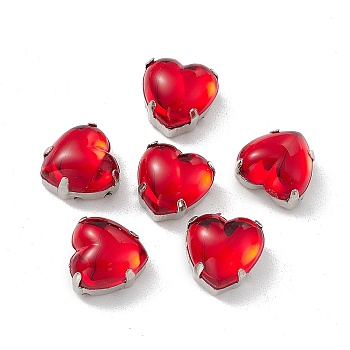 Heart Sew On Rhinestones, Smooth Face Taiwan Acrylic Rhinestone, Multi-Strand Links, with Platinum Tone Brass Prong Settings, Red, 10x10x7mm, Hole: 1mm
