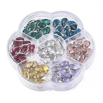 K9 Glass Charms, with Platinum Plated Brass Findings, Teardrop, Faceted, Mixed Color, 13.5x7.5x3.5mm, Hole: 1.8mm