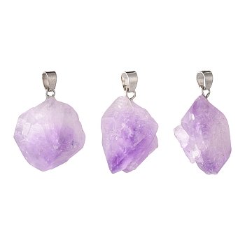 3Pcs Natural Amethyst Pendants, with Platinum Brass Snap on Bails, Nuggets, 20~26x12~20x10~16mm, Hole: 4x4mm