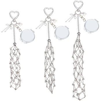 3Pcs 3 Styles 201 Stainless Steel String Bag & Iron with Glass Mirror & Alloy Bowknot Pendant Keychains, with Heart Alloy Swivel Clasps, Platinum, 220~255mm, 1pc/style