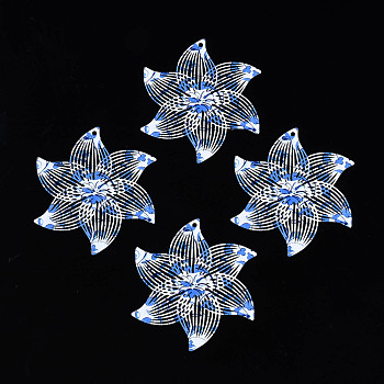 430 Stainless Steel Pendants, Spray Painted, Etched Metal Embellishments, Flower with Flower Pattern, White, 45x41x0.4mm, Hole: 1.5mm