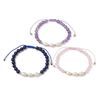 Natural Mixed Gemstone & Pearl Braided Bead Bracelets, Adjustable Bracelet, Inner Diameter: 1-7/8~3-1/2 inch(4.7~8.8cm)