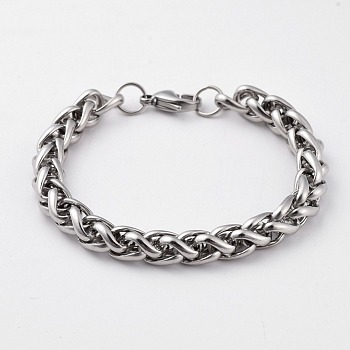 Unisex 304 Stainless Steel Wheat Chain Bracelets, with Lobster Claw Clasps, Stainless Steel Color, 7-1/4 inch(18.5cm)