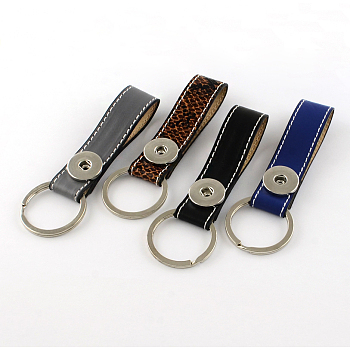 PU Leather Keychain, with Brass Snaps and Iron Key Rings, Platinum, Mixed Color, 110x20mm