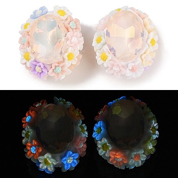 Handmade Luminous Polymer Clay Glass Rhinestone Beads, with Acrylic, Oval with Flower, PeachPuff, 25.5~26x21.5~22x17mm, Hole: 2mm