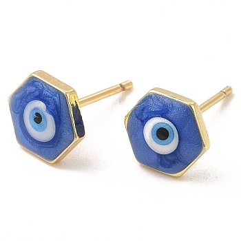 Enamel Hexagon with Evil Eye Stud Earrings, Real 18K Gold Plated Brass Jewelry for Women, Blue, 8x9mm, Pin: 0.8mm