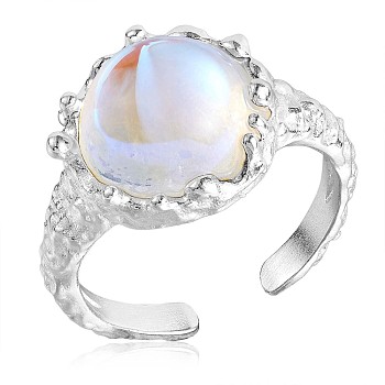 925 Sterling Silver Open Cuff Ring, Moonstone Half Round Finger Ring for Women, Silver, US Size 4 1/4(15mm)