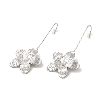 304 Stainlee Steel with Plastic Pearl Dangle Earring, Flower, Stainless Steel Color, 45x25mm