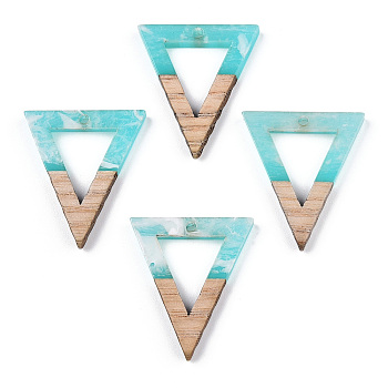 Transparent Resin & White Wood Pendants, Two Tone, Hollow Triangle Charms, Cyan, 27.5x24x3.5mm, Hole: 1.8mm