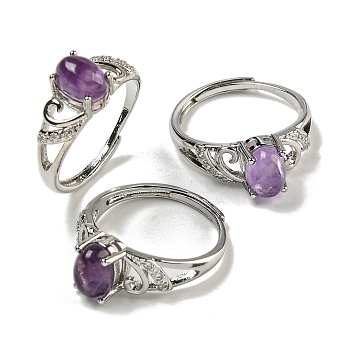 Oval Natural Amethyst Adjustable Rings, Brass Clear Cubic Zirconia Ring for Women, Long-Lasting Plated, Lead Free & Cadmium Free, Platinum, Inner Diameter: 18mm