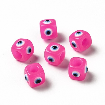 Resin Evil Eye European Beads, Large Hole Bead, Cube, Hot Pink, 12.5x14~14.5x14~14.5mm, Hole: 6mm