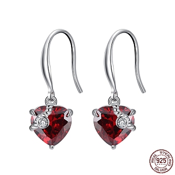 Cubic Zirconia Heart Dangle Earrings, Real Platinum Plated Rhodium Plated 925 Sterling Silver Earrings for Women, Dark Red, 26mm