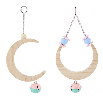 Wooden Swing, with Iron Cable Chain, Ring & Random Color Bell, Moon, BurlyWood, 285mm, 2pcs/set