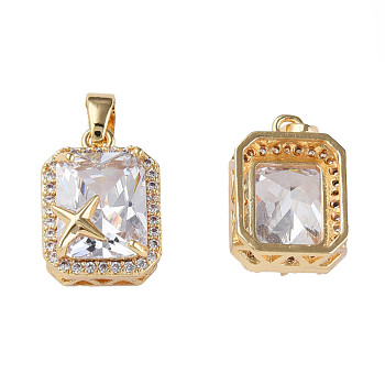 Brass Inlaid Cubic Zirconia Charms, with Brass Snap on Bails, Real 18K Gold Plated, Nickel Free, Rectangle with Star, Clear, 15x10.5x8mm, Hole: 2.5x4mm