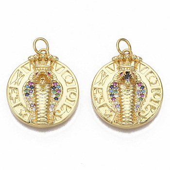 Brass Micro Pave Cubic Zirconia Pendants, with Jump Rings, Nickel Free, Flat Round with Snake Crown, Real 16K Gold Plated, Colorful, 21.5x19x7mm, Jump Rings: 5x0.8mm, 3mm inner diameter.