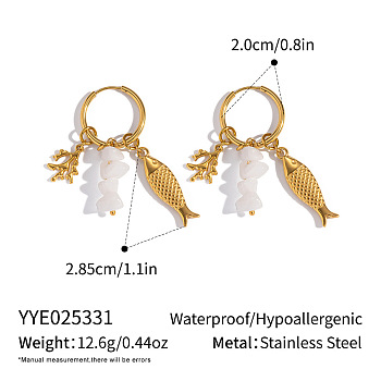 Marine Theme 304 Stainless Steel Hoop Earrings, Real 18K Gold Plated, with Gemstone, Fish, 28.5x20mm