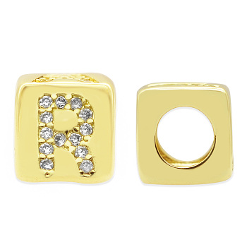 Brass Micro Pave Clear Cubic Zirconia European Beads, Cube with Letter, Letter.R, 8.5x8.5x8.5mm, Hole: 5mm, 3pcs/bag